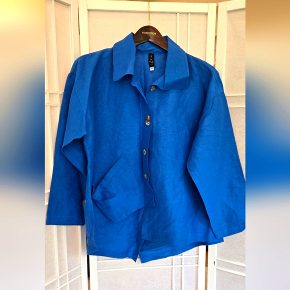 Women's Blue Linen Silk Blend Artsy Light Jacket Top